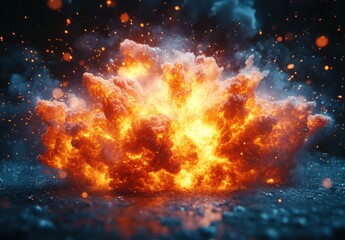 Fiery Explosion with Bright Orange Flames and Billowing Smoke Amidst Dark Background - Dynamic and Intense Visual Display
