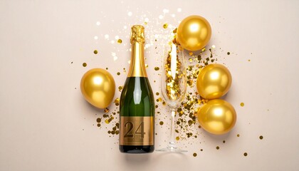 Champagne bottle and glass with number 24. Festive photo for birthday or anniversary party
