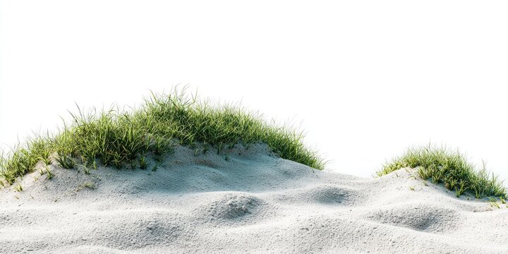 Sandy dunes covered in short green grass against a white background