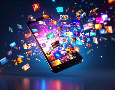 沢山の映像コンテンツがスマホから溢れるイメージ背景画像素材