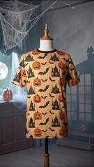 mannequin wearing a T-shirt with a Halloween decoration design stands in a store, illustrating the latest clothing designs 