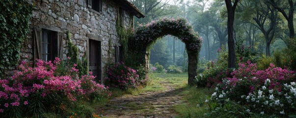 Naklejka premium Lily arch near cottage flower concept. A serene stone cottage surrounded by vibrant blooming flowers.