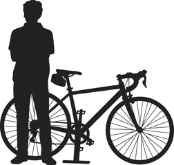 silhouette, man, standing, beside, bicycle, black, figure, isolated, white, background, cycling, bike, rider, transportation, sport, fitness, healthy, lifestyle, vector, illustration