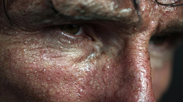 No stamina with dull energy concept. Intense close-up of a determined man's face revealing deep emotion.