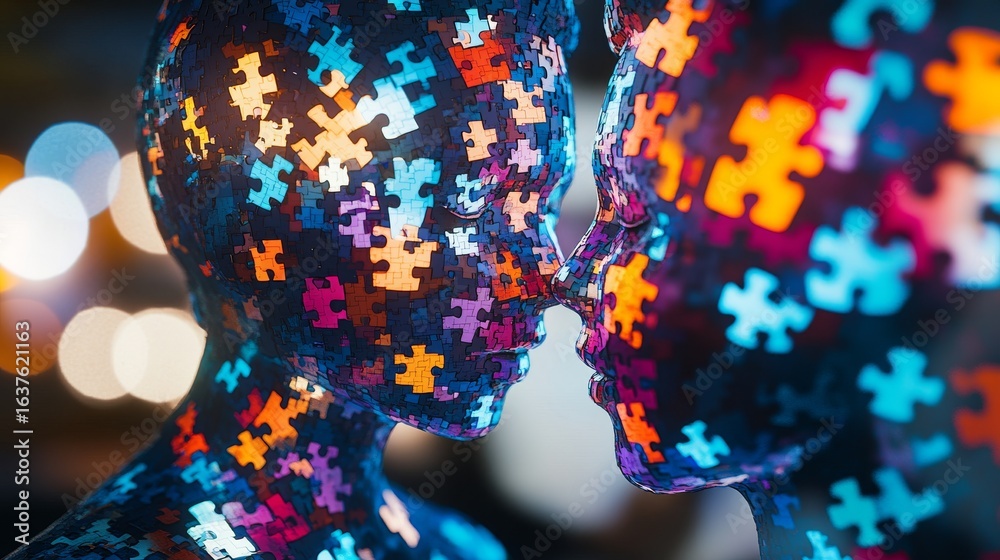 Wall mural vibrant puzzle pieces connect two abstract figures in a symbolic embrace. the colorful details repre