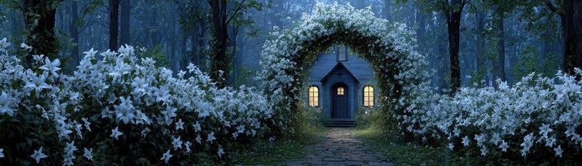 Fototapeta premium Lily arch near cottage flower concept. A serene night scene with a cozy cottage framed by flowers.