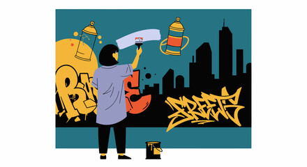 Artist Painting Graffiti on Wall with Spray Cans and City Silhouette