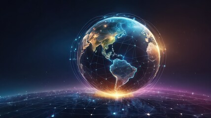 A glowing earth globe surrounded by network connections on a dark blue and purple background design
