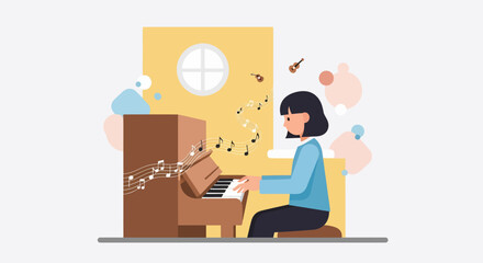 Cartoon Woman Playing Piano with Musical Notes and Guitars Floating