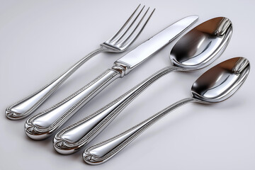 Photo realistic images with high depth of field a top view of silverware set consisting of a fork, knife, spoon and dessert spoon neatly arranged on a white background