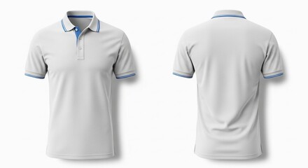 Men's blank white polo shirt mockup with blue trim, front and back view template.