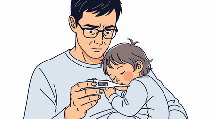 Worried father taking child's temperature with a thermometer.