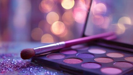 Makeup palette with brush, bokeh background