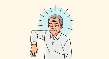 Elderly man experiencing arm pain, showing discomfort and sadness.