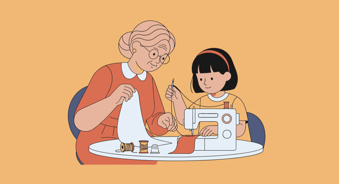 Grandmother and Granddaughter Sewing Together with Vintage Sewing Machine and Spools