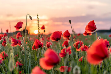 Obraz premium Vibrant Red Poppies Bloom in a Sun-Kissed Field
