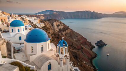 Photo of aerial view of the Santorini's whitewashed buildings iconic blue domes, churches  and caldera waters shimmering below in oia village, santorini, greece