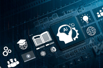 Technology education using AI systems, Artificial Intelligence (AI) technology concept and education, computer data chips with educational graphics, learning lessons and modern digital learning.