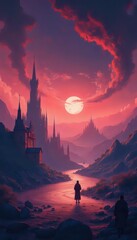 Obraz premium A digital painting of a man standing in front of a castle.