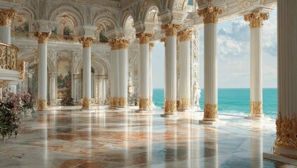 Fototapeta premium Grand, ornate, white colonnaded hall overlooking a turquoise ocean