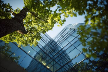 Sustainable green building. Eco-friendly building. Sustainable glass office building with tree for reducing carbon dioxide. Office with green environment. Corporate building reduce CO2. Safety glass.