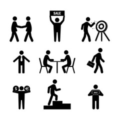 A set of nine black and white stick figure style vector icons depicting various business and sales-related scenes.