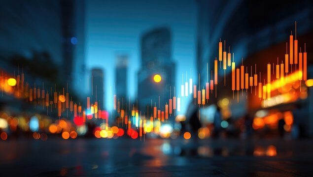 Blurred city at night with stock chart overlay - Powered by Adobe