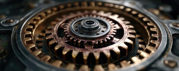 Obraz premium Gear cluster in steampunk armor concept. Close-up of an intricate metal gear mechanism showcasing detail.