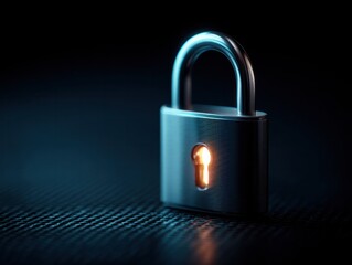 Fototapeta premium Security lockdown metal padlock with illuminated keyhole dark environment close-up view concept of protection and safety