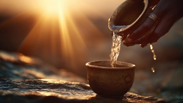 Hands pour water from a bronze bowl into another at sunrise