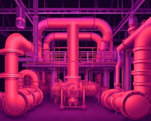 Magenta pipes and industrial machinery artwork