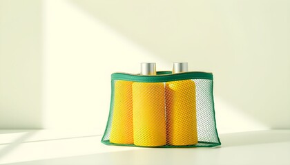 Three yellow cylindrical objects with silver tops are inside a green mesh bag.