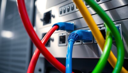 Close-up view of colorful network cables connected to a server or router.