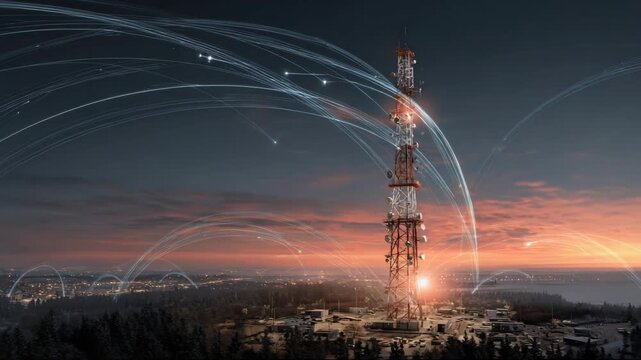 Communication tower at sunset with data transmission signals  