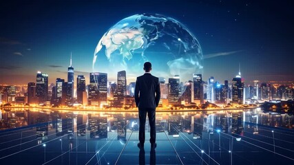 Businessman contemplating global business and future over city lights with world map concept. - Powered by Adobe