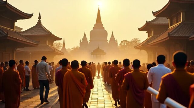 Monks and Laypersons Celebrate Heritage Buddhist Day: Procession at Dawn with Floral Garlands and Incense Burners Around Main Stupa - Photo Stock Concept