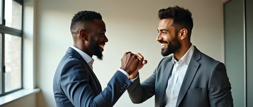 Celebrating Teamwork: Two Diverse Young Male Professionals Fist Bumping at Work - Collaboration and Success in the Office