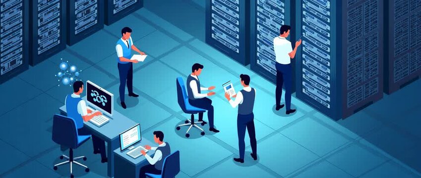 Isometric View of Authorities in Data Center: Showcasing Technology Infrastructure & Security Operations with Empty Space for Text