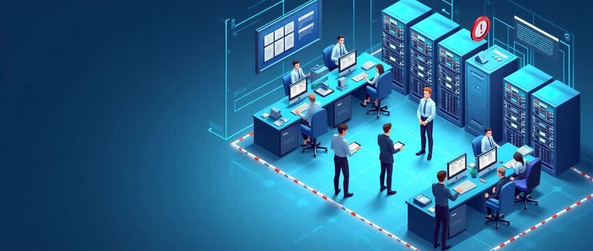 Isometric View of Authorities in Data Center: Showcasing Technology Infrastructure & Security Operations with Empty Space for Text - Perfect for Stock Photo Use