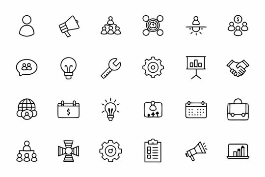 A modern bundle showcasing key startup elements, networking icons, and strategy visuals in elegant continuous-line art. Ideal for startup websites, investor presentations, and marketing materials