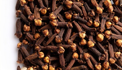 Obraz premium A Pile of Aromatic Cloves on a Bright White Surface Showcasing Their Natural Texture and Rich Color