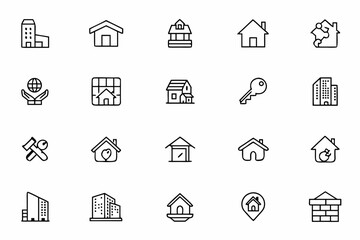 Fototapeta premium A professional bundle showcasing residential and commercial properties, sales icons, and real estate transactions in elegant continuous-line art. Ideal for real estate agencies, property management, a