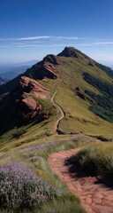 Mountain ridge trail winds upward, bathed in sunlight