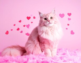 Pink cat sits on pink feathers against a pink background with pink hearts
