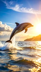 Fototapeta premium Dolphin leaping in sunset ocean