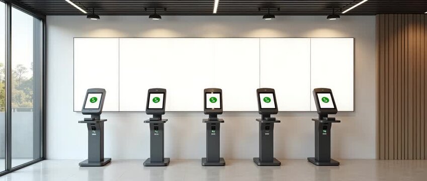 Polished Wallpaper Design for Self Checkout Systems: Refined Kiosk Silhouettes & Payment Symbols with Data Optimization - Perfect for Tech-Driven Retail Marketing