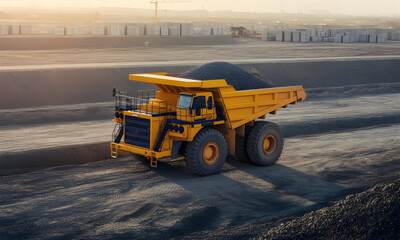 Mobil tambang, Massive yellow haul truck transports raw materials across a vast industrial site under a warm sky.