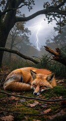 Sleeping Fox in Rainy Forest with Lightning Strike, Mossy Ground