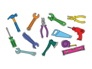 Tool Assortment: A vibrant illustration showcasing a comprehensive set of hand tools, meticulously designed, each essential for various construction or repair tasks.