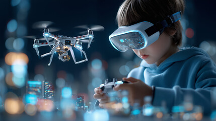 A child wearing VR glasses is operating a drone, with a cyber city in the background. The light of cyber technology makes the picture dynamic and advanced